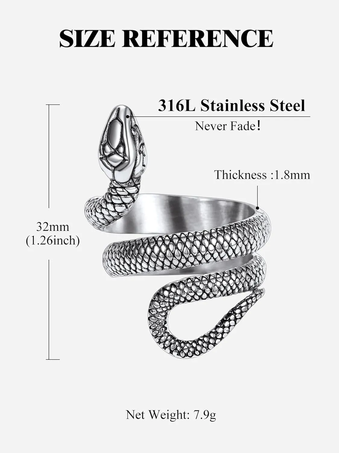 Stainless Steel/18K Gold Plated/Black Snake Ring for Men Women Size 7-12 Serpent Reptile Rings Punk Gothic Jewelry(with Gift Box)