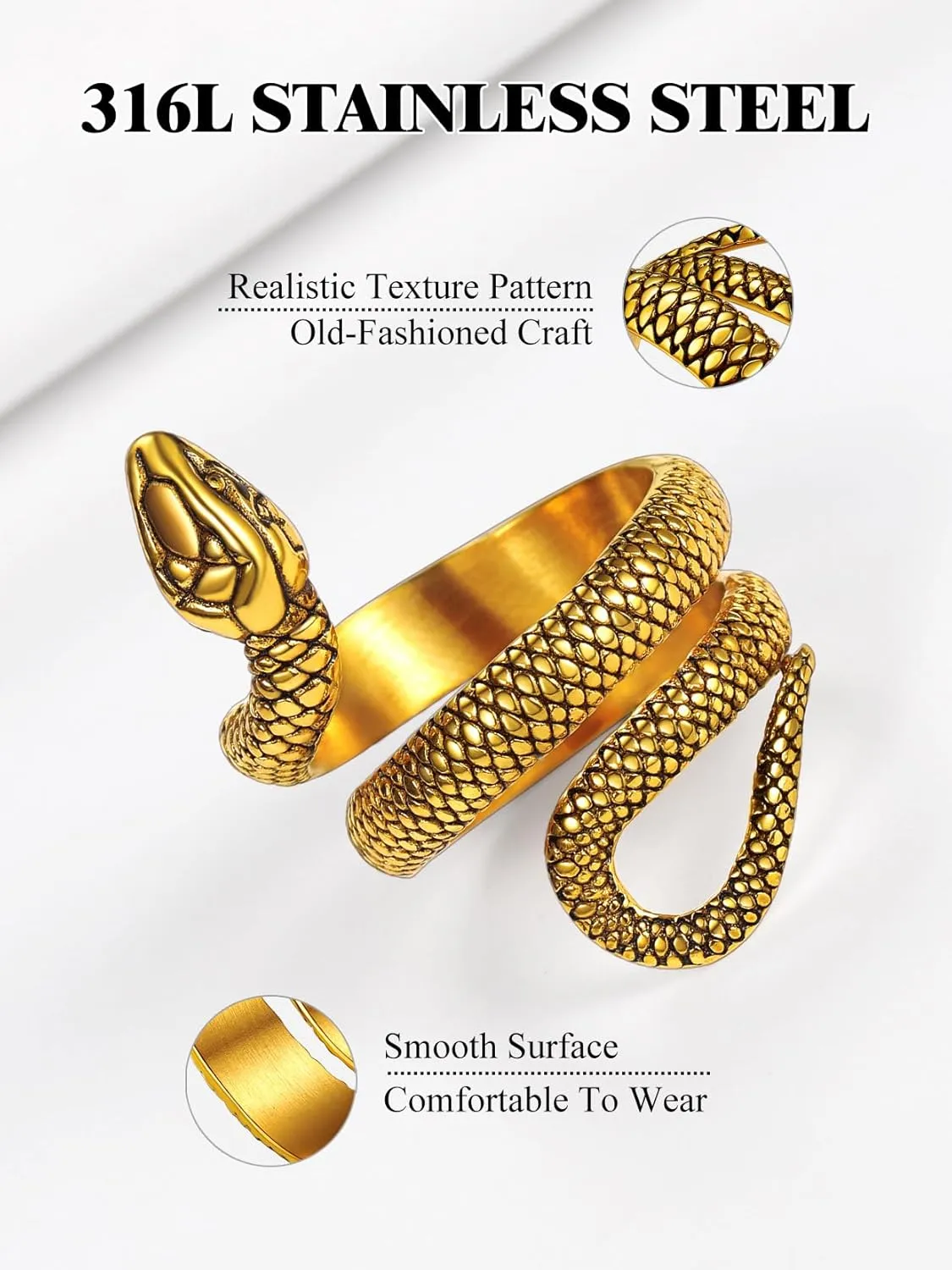 Stainless Steel/18K Gold Plated/Black Snake Ring for Men Women Size 7-12 Serpent Reptile Rings Punk Gothic Jewelry(with Gift Box)