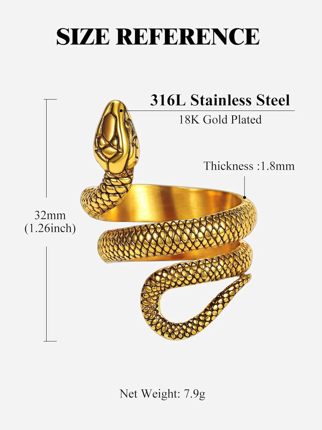 Stainless Steel/18K Gold Plated/Black Snake Ring for Men Women Size 7-12 Serpent Reptile Rings Punk Gothic Jewelry(with Gift Box)