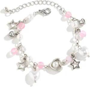 Star Pearl Charm Bracelet Y2k Heart Beaded Dainty Bracelet Punk Aesthetic Jewelry Gift for Women
