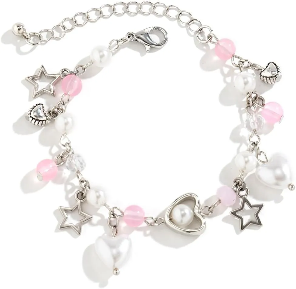 Star Pearl Charm Bracelet Y2k Heart Beaded Dainty Bracelet Punk Aesthetic Jewelry Gift for Women