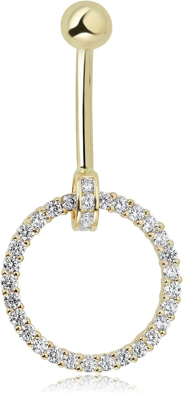 Starlite_Creation001 14K Gold Circle Belly Button Ring, Moissanite Stone Navel Piercing, Round Dangle Design 14K Gold Plated