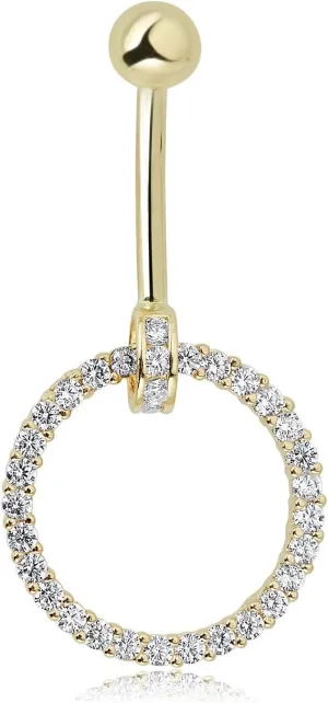 Starlite_Creation001 14K Gold Circle Belly Button Ring, Moissanite Stone Navel Piercing, Round Dangle Design 14K Gold Plated
