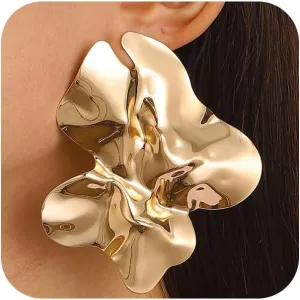 Statement Chunky Large Silver Earrings for Women Trendy, Big Irregular Geometric Dainty Gold Liquid Metal Stud Earrings Simple Prom Party Jewelry Gift
