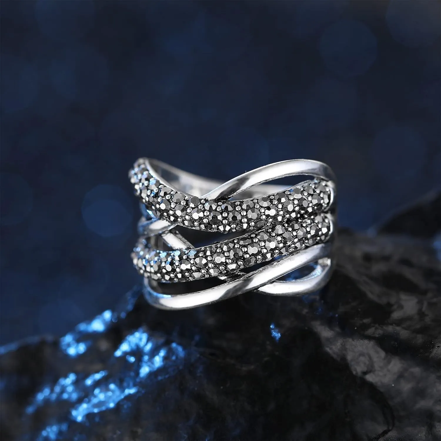 Statement Ring Art Deco Vintage Black Crystal Rhinestone Ring, Gothic Chunky Wide Band Cocktail Ring Silver Plated Women Fashion Jewelry