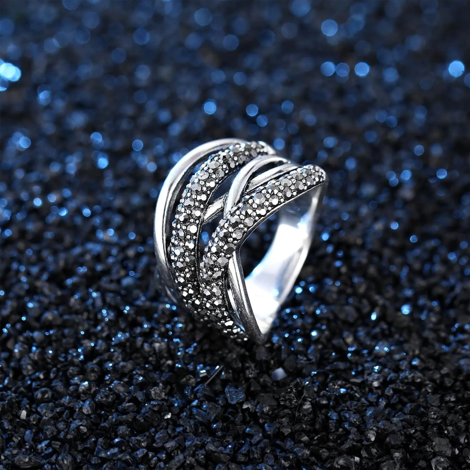 Statement Ring Art Deco Vintage Black Crystal Rhinestone Ring, Gothic Chunky Wide Band Cocktail Ring Silver Plated Women Fashion Jewelry