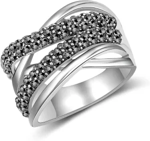 Statement Ring Art Deco Vintage Black Crystal Rhinestone Ring, Gothic Chunky Wide Band Cocktail Ring Silver Plated Women Fashion Jewelry