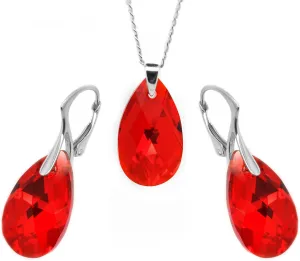 Sterling Silver 925 Red Teardrop Leverback Earrings and Necklace Set Made with Imitation of Crystal Elements, 18"