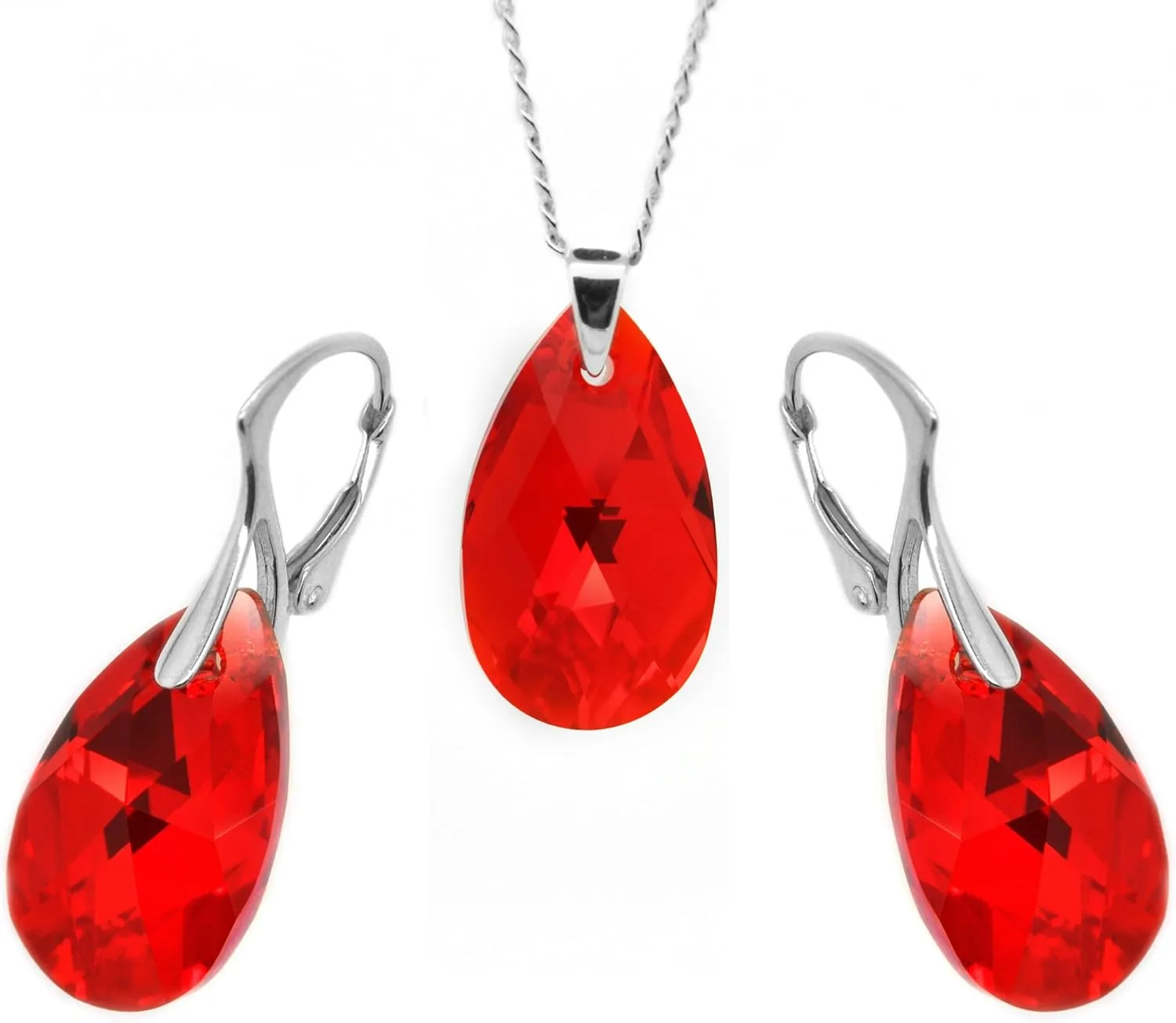 Sterling Silver 925 Red Teardrop Leverback Earrings and Necklace Set Made with Imitation of Crystal Elements, 18"