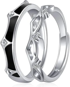 Sterling Silver Couples Matching King Queen Promise Rings for Her, Him, Women, Men Engagement Wedding Adjustable Ring, Gift Wrap