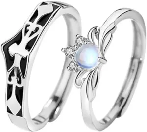 Sterling Silver Couples Matching King Queen Promise Rings for Her, Him, Women, Men Engagement Wedding Adjustable Ring, Gift Wrap