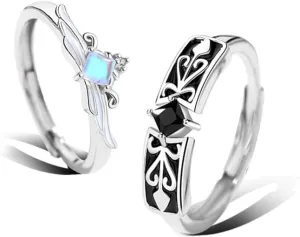 Sterling Silver Couples Matching King Queen Promise Rings for Her, Him, Women, Men Engagement Wedding Adjustable Ring, Gift Wrap