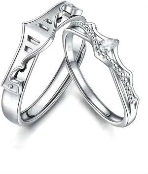 Sterling Silver Couples Matching King Queen Promise Rings for Her, Him, Women, Men Engagement Wedding Adjustable Ring, Gift Wrap