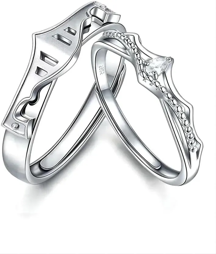 Sterling Silver Couples Matching King Queen Promise Rings for Her, Him, Women, Men Engagement Wedding Adjustable Ring, Gift Wrap