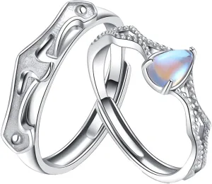 Sterling Silver Couples Matching King Queen Promise Rings for Her, Him, Women, Men Engagement Wedding Adjustable Ring, Gift Wrap