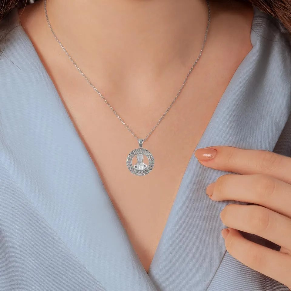 Sterling Silver Cuban Link Round Frame Jesus Malverde Sinaloa Narco-Saint Pendant Necklace - Choose Pendant Only or Necklace Chain Length