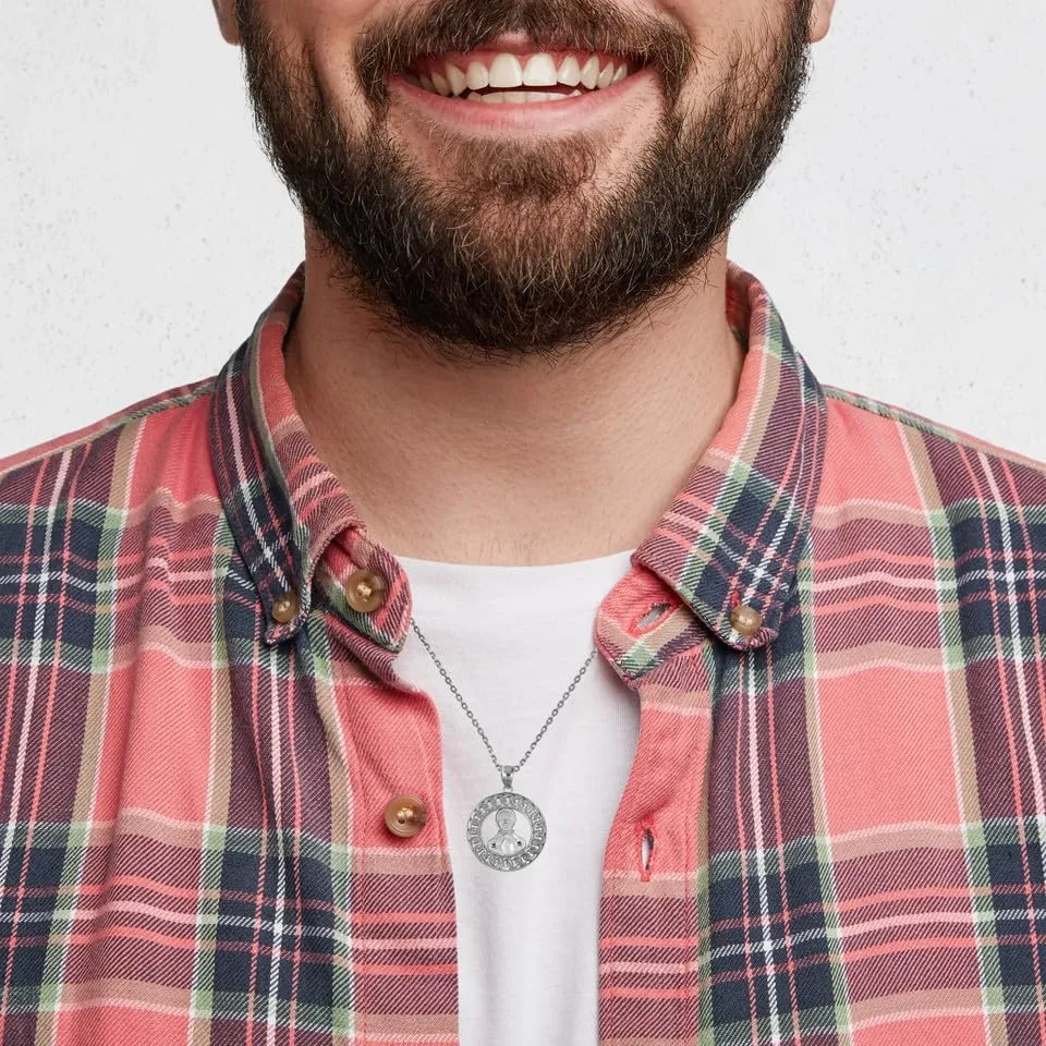 Sterling Silver Cuban Link Round Frame Jesus Malverde Sinaloa Narco-Saint Pendant Necklace - Choose Pendant Only or Necklace Chain Length