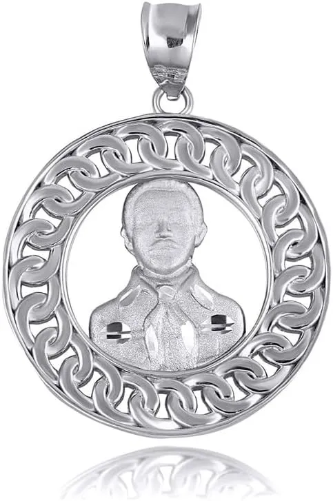 Sterling Silver Cuban Link Round Frame Jesus Malverde Sinaloa Narco-Saint Pendant Necklace - Choose Pendant Only or Necklace Chain Length