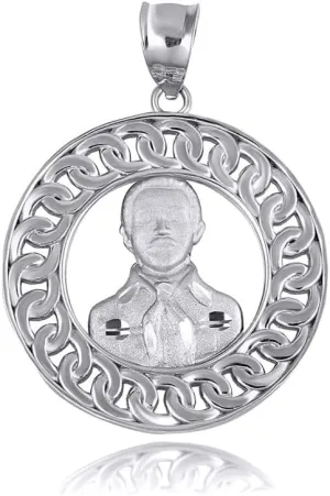 Sterling Silver Cuban Link Round Frame Jesus Malverde Sinaloa Narco-Saint Pendant Necklace - Choose Pendant Only or Necklace Chain Length