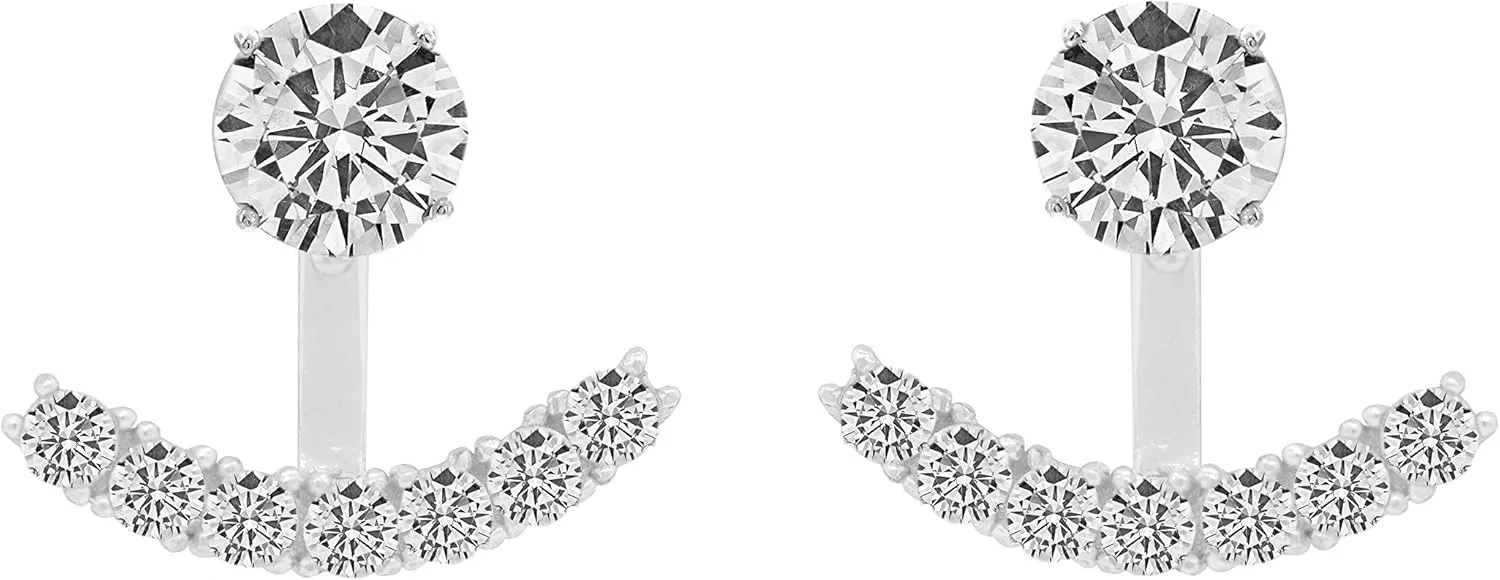 Sterling Silver Front Back 2 in 1 Cubic Zirconia AAA Quality Stud and Ear Jacket Cuff Earrings Set