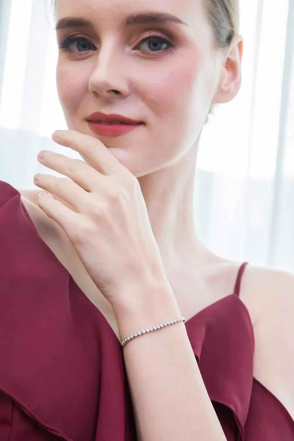 Sterling Silver Genuine, Created or Simulated Gemstone 2mm Round Bezel-set Adjustable Dainty Tennis Stack Bracelet for Women