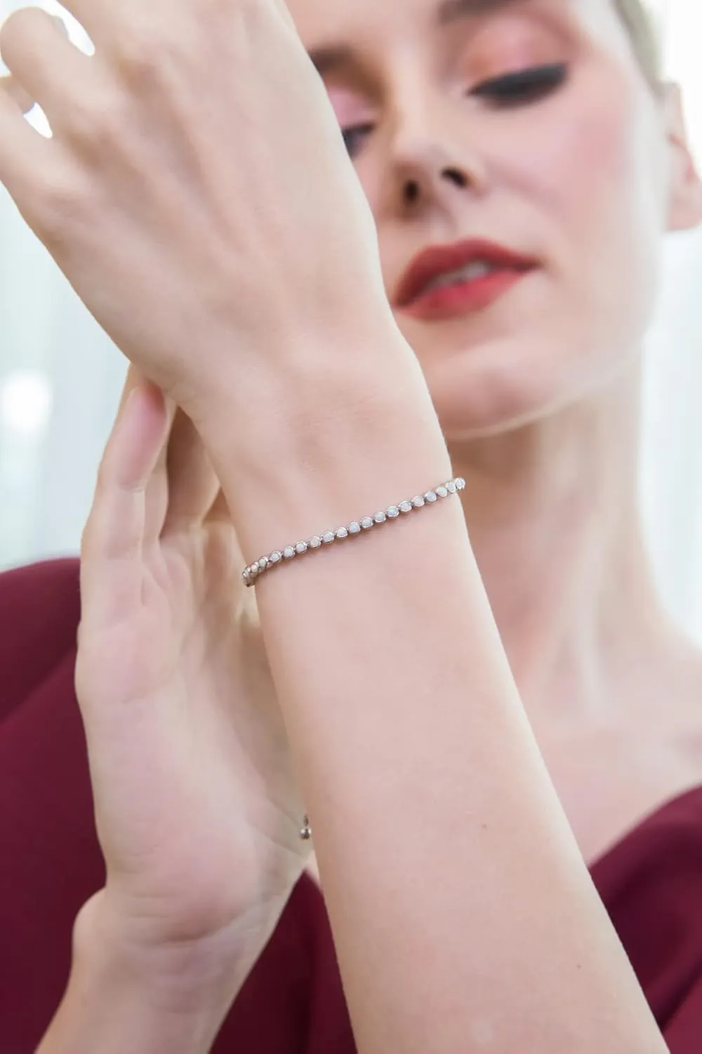Sterling Silver Genuine, Created or Simulated Gemstone 2mm Round Bezel-set Adjustable Dainty Tennis Stack Bracelet for Women