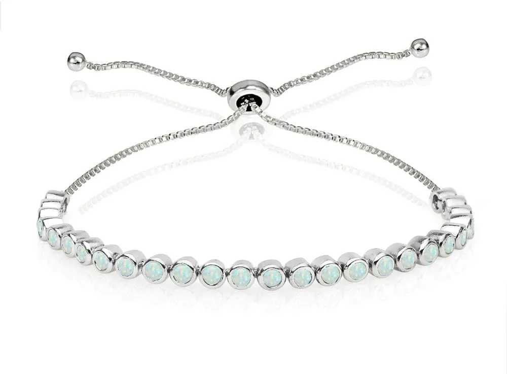 Sterling Silver Genuine, Created or Simulated Gemstone 2mm Round Bezel-set Adjustable Dainty Tennis Stack Bracelet for Women
