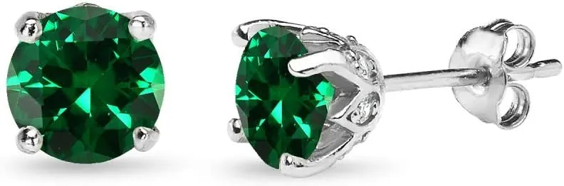 Sterling Silver Genuine or Synthetic Gemstone 6mm Round-cut Crown Stud Earrings for Women
