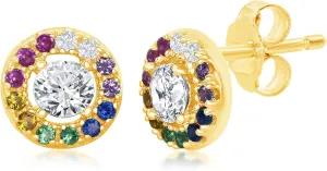 Sterling Silver or 14K Gold Plating over Silver Rainbow CZ Border Stud Earrings