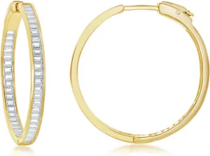 Sterling Silver or Gold Plated 25mm, 30mm, or 40mm Baguette CZ Hoop Earrings