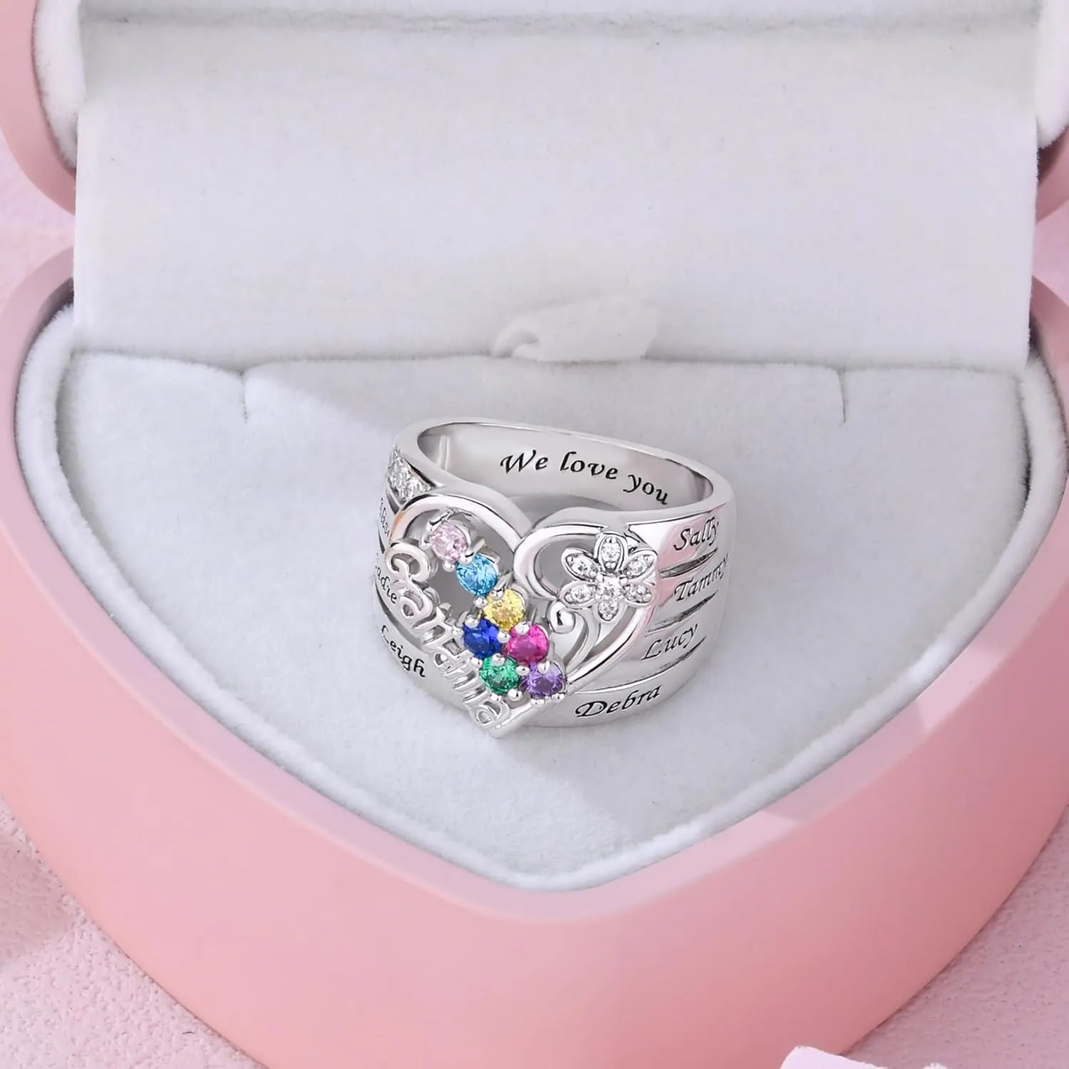 Sterling Silver Personalized Jewelry Ring with 1-8 Birthstones & Names - A Thoughtful Gift for Mom, Wife, or Grandmother, Valentine's Day, Mother's Day, Christmas - Celebrate Family Love & Bond