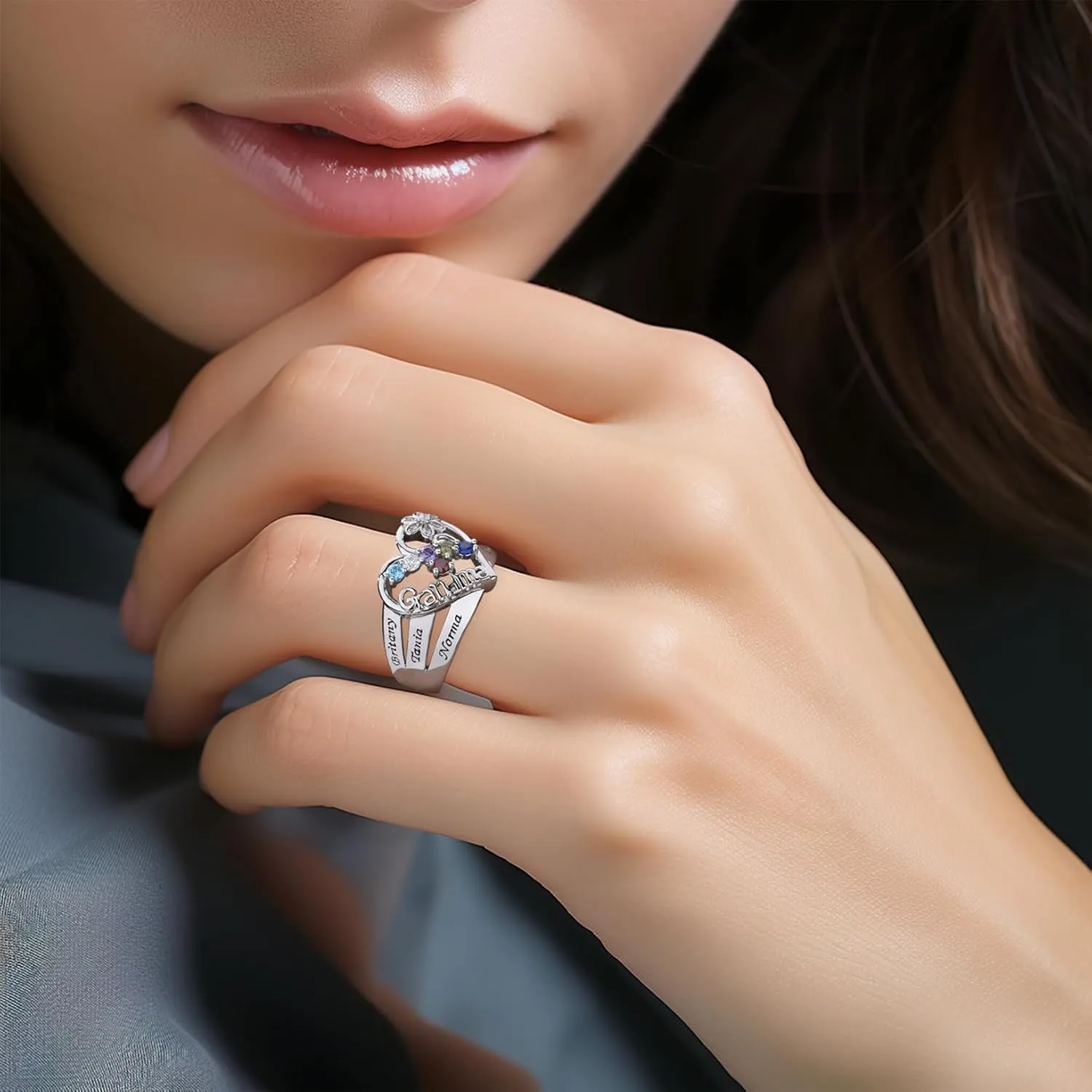 Sterling Silver Personalized Jewelry Ring with 1-8 Birthstones & Names - A Thoughtful Gift for Mom, Wife, or Grandmother, Valentine's Day, Mother's Day, Christmas - Celebrate Family Love & Bond