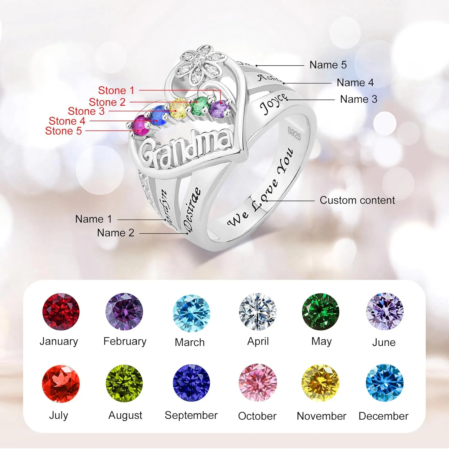 Sterling Silver Personalized Jewelry Ring with 1-8 Birthstones & Names - A Thoughtful Gift for Mom, Wife, or Grandmother, Valentine's Day, Mother's Day, Christmas - Celebrate Family Love & Bond