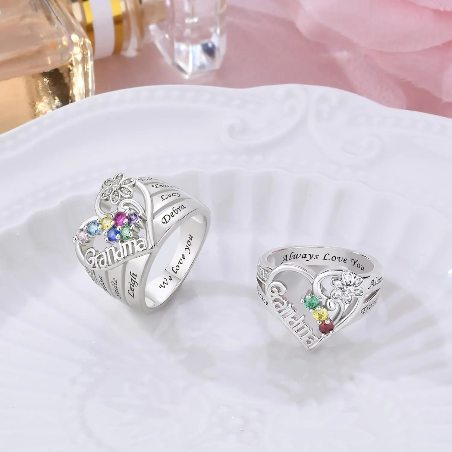 Sterling Silver Personalized Jewelry Ring with 1-8 Birthstones & Names - A Thoughtful Gift for Mom, Wife, or Grandmother, Valentine's Day, Mother's Day, Christmas - Celebrate Family Love & Bond