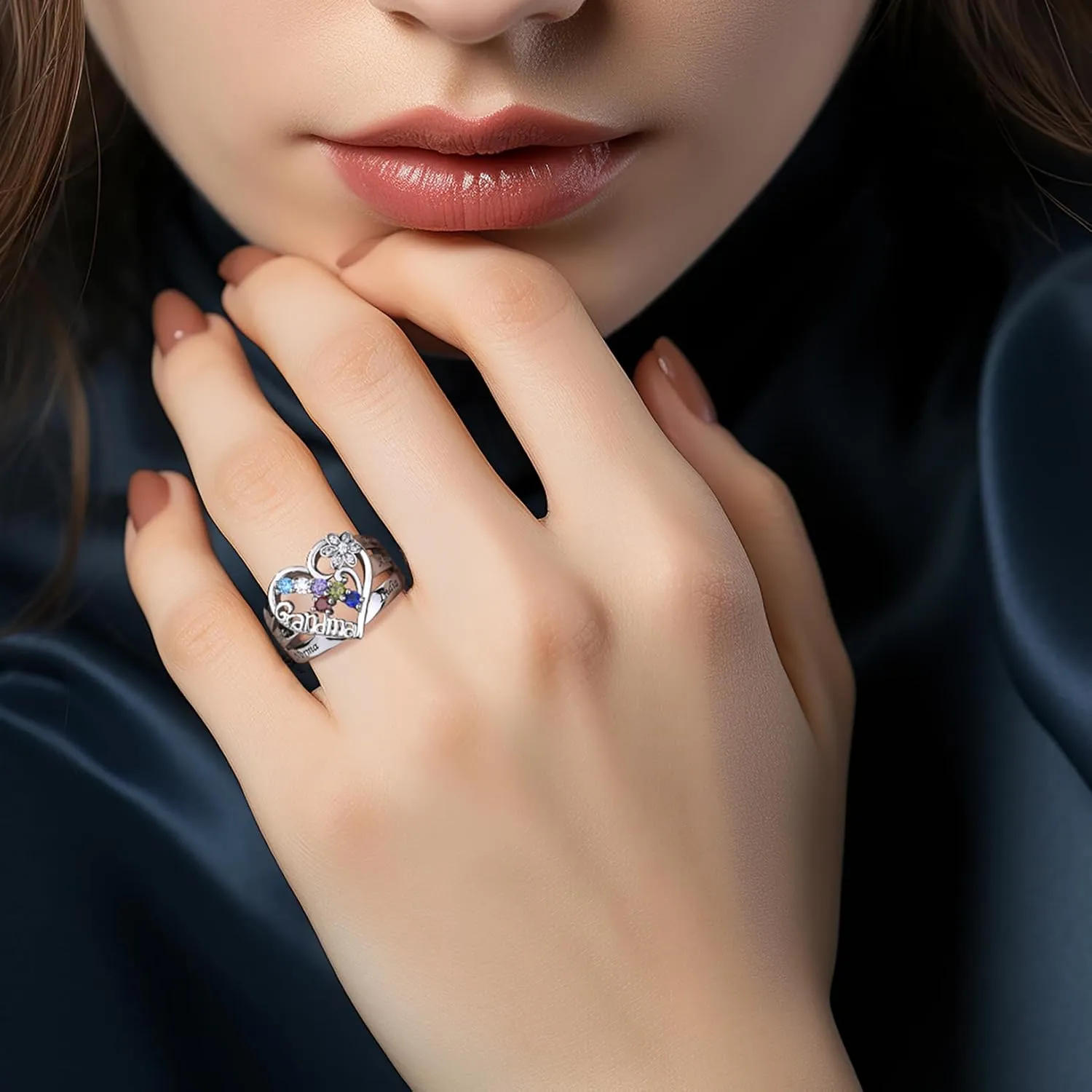 Sterling Silver Personalized Jewelry Ring with 1-8 Birthstones & Names - A Thoughtful Gift for Mom, Wife, or Grandmother, Valentine's Day, Mother's Day, Christmas - Celebrate Family Love & Bond