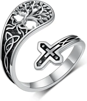 Sterling Silver Tree of Life Spoon Rings - Adjustable Thumb Rings, Vintage Jewelry Gifts for Women
