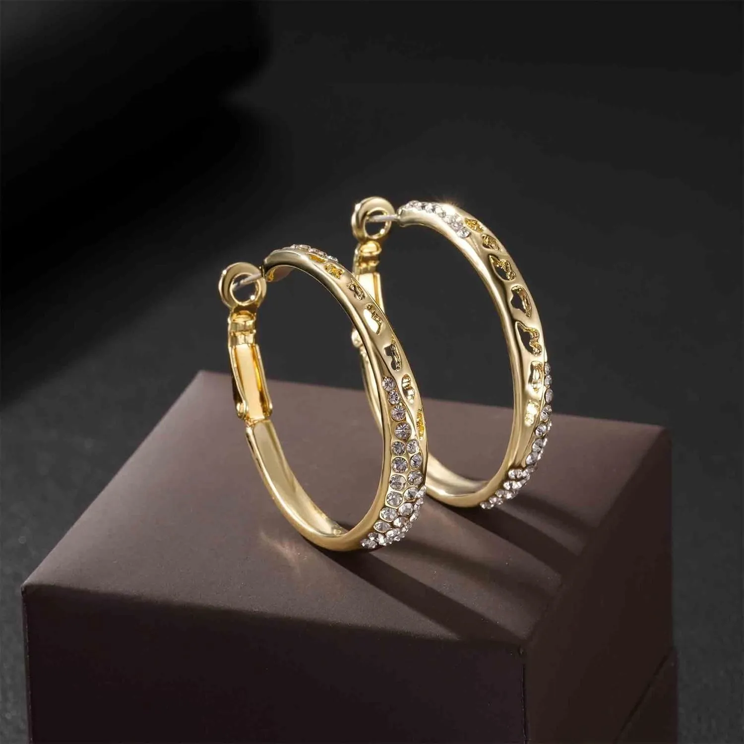 Stunning Austrian Crystal Hollow Hoop Earrings for Women Fashion 14K Gold Plated Hypoallergenic Jewelry Gift