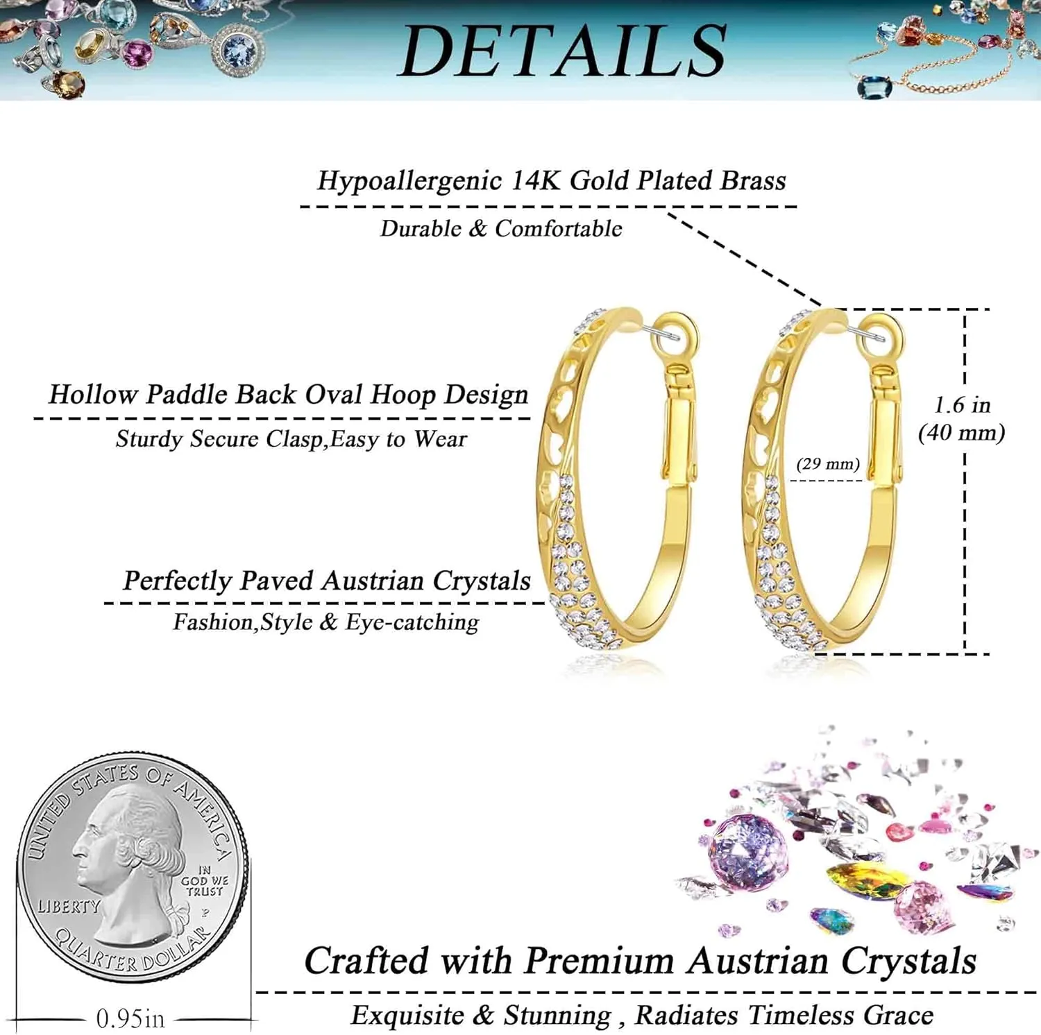 Stunning Austrian Crystal Hollow Hoop Earrings for Women Fashion 14K Gold Plated Hypoallergenic Jewelry Gift