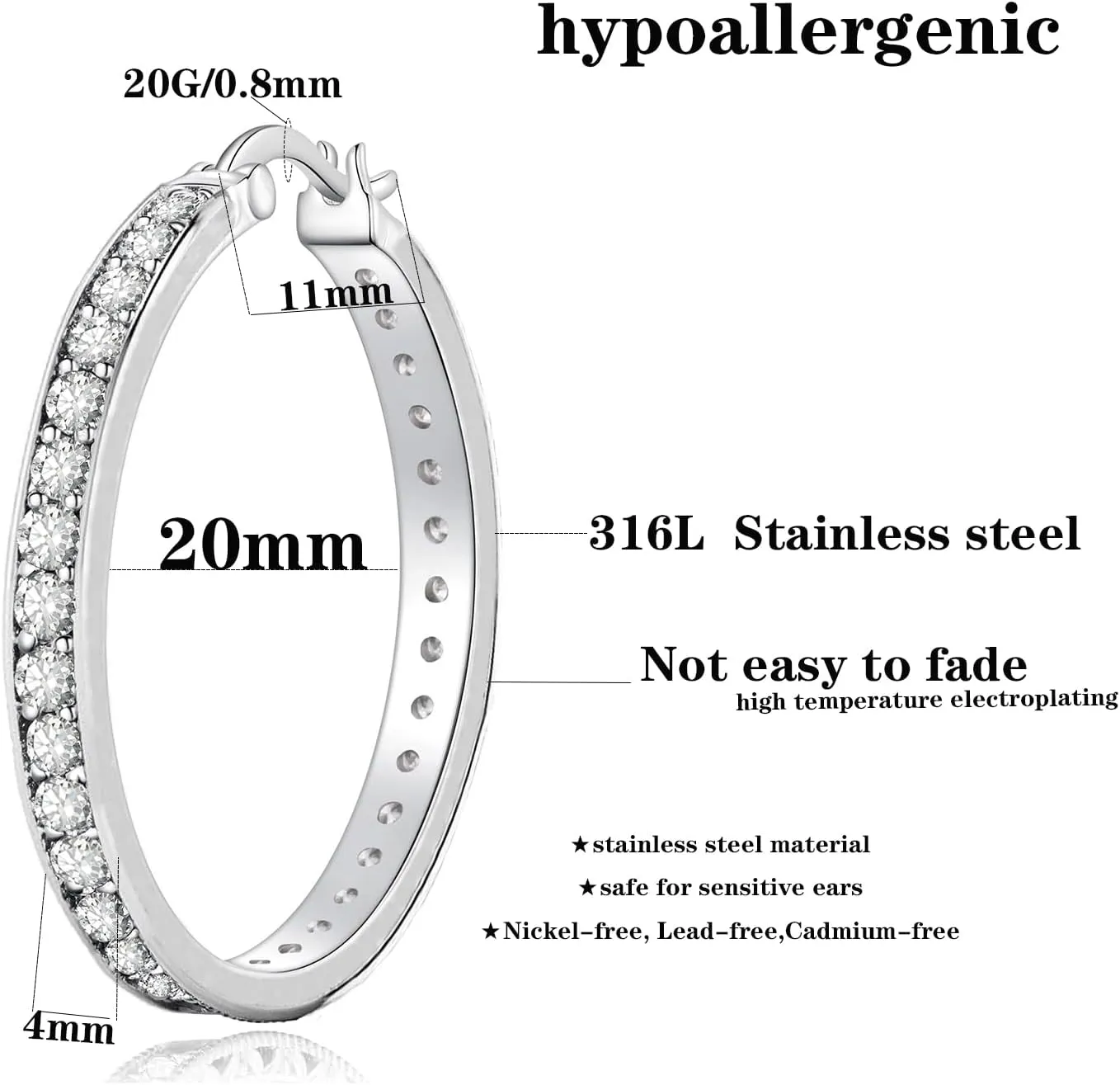 Stunning Stainless Steel Cubic Zirconia Hoop Earring for Women Hypoallergenic Jewelry for Sensitive Ears Large Big Hoop Earrings 20MM