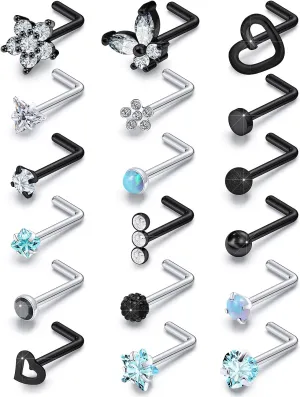 Surgical Steel Nose Ring 20G - Hypoallergenic Nose Studs With Cute Flat Opal Flower Diamond Heart - Straight L Shaped Purple, Pink, Black, Silver for Women Men Gift