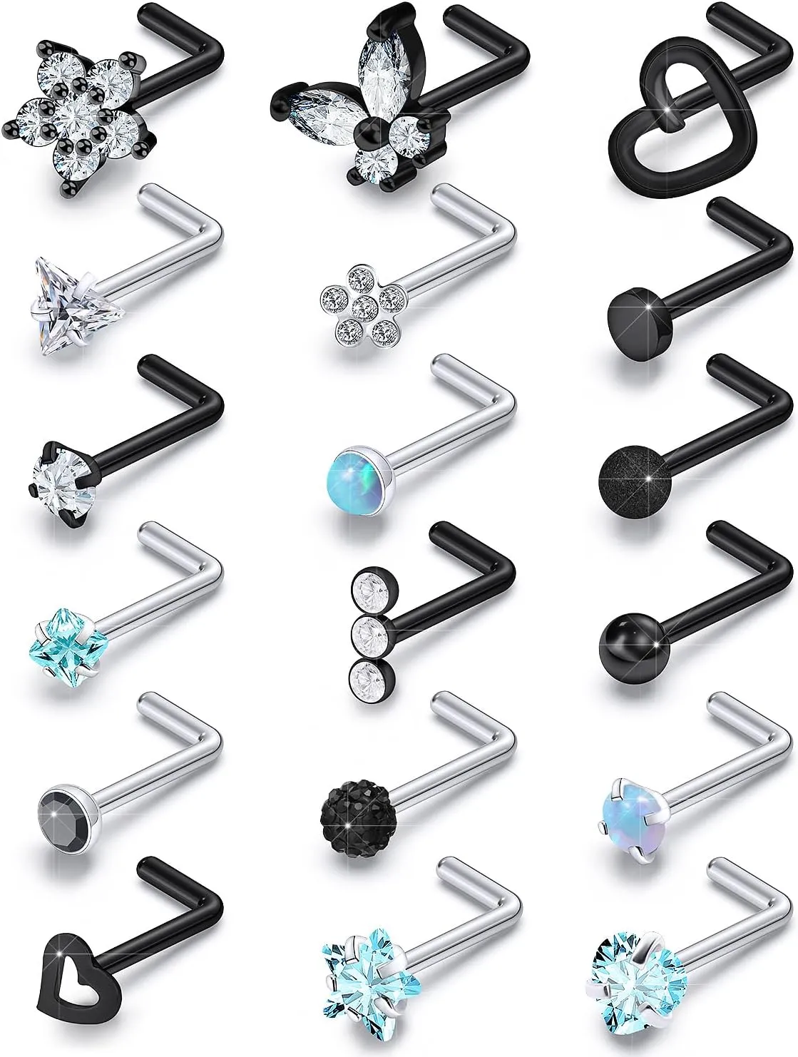 Surgical Steel Nose Ring 20G - Hypoallergenic Nose Studs With Cute Flat Opal Flower Diamond Heart - Straight L Shaped Purple, Pink, Black, Silver for Women Men Gift