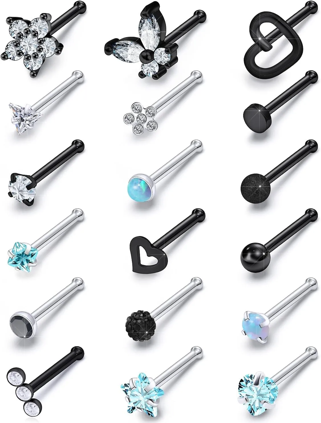 Surgical Steel Nose Ring 20G - Hypoallergenic Nose Studs With Cute Flat Opal Flower Diamond Heart - Straight L Shaped Purple, Pink, Black, Silver for Women Men Gift