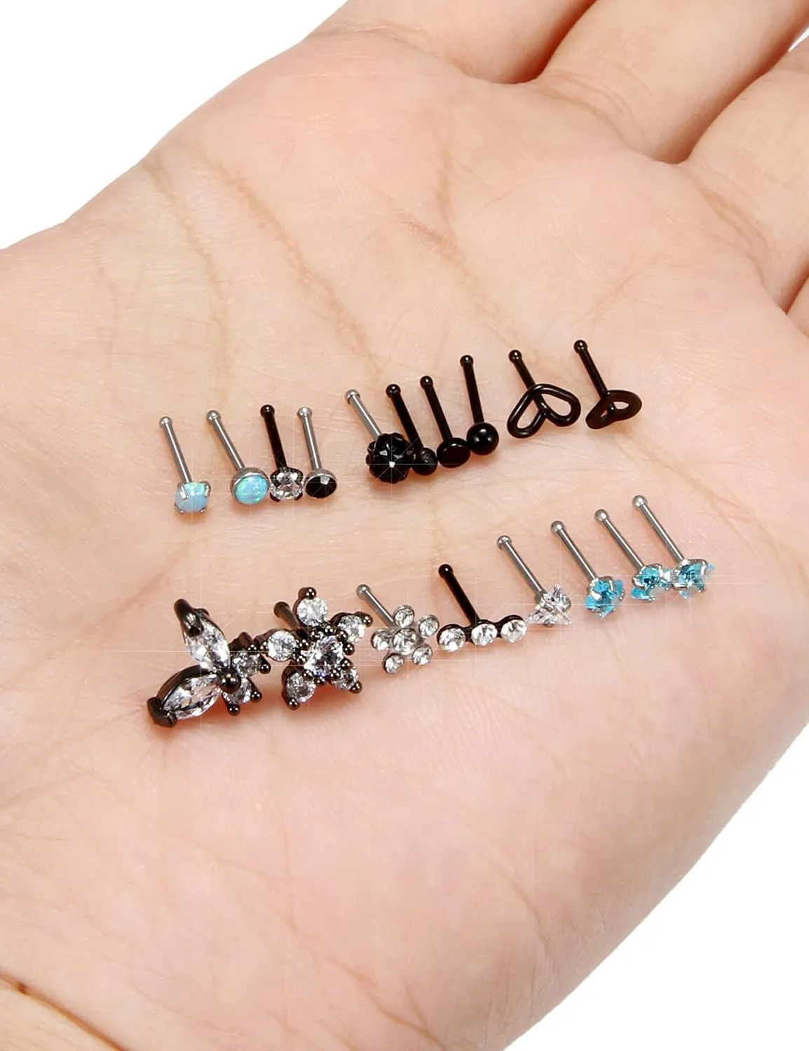 Surgical Steel Nose Ring 20G - Hypoallergenic Nose Studs With Cute Flat Opal Flower Diamond Heart - Straight L Shaped Purple, Pink, Black, Silver for Women Men Gift