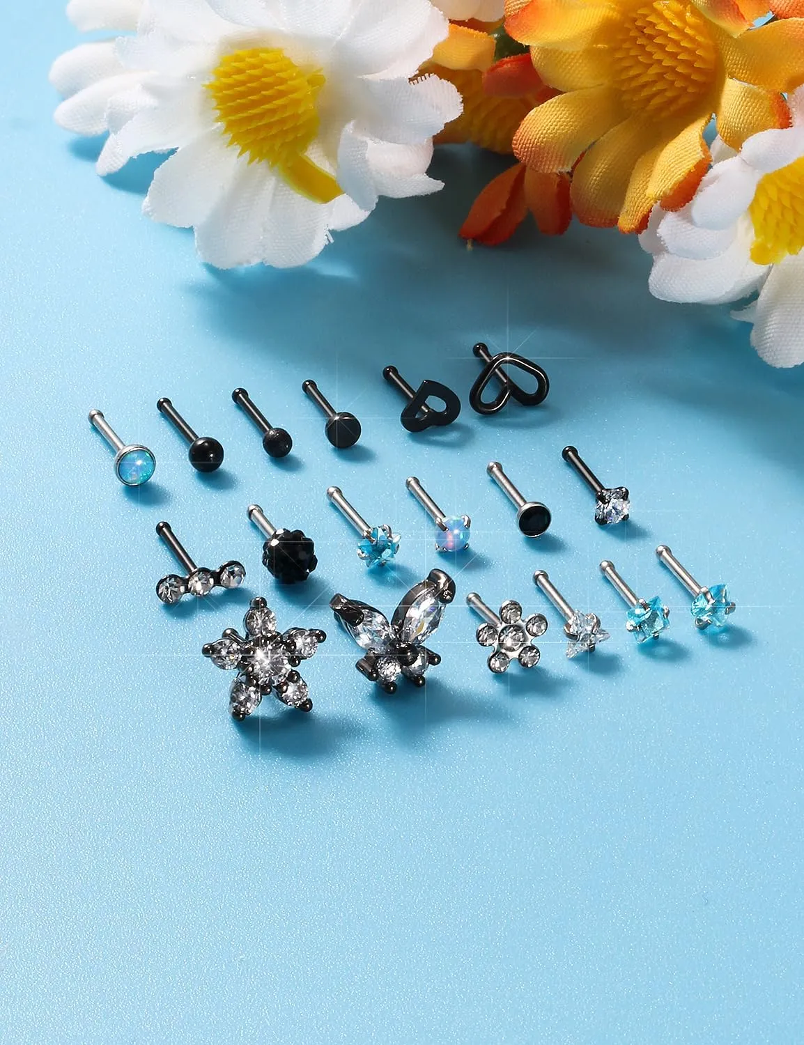 Surgical Steel Nose Ring 20G - Hypoallergenic Nose Studs With Cute Flat Opal Flower Diamond Heart - Straight L Shaped Purple, Pink, Black, Silver for Women Men Gift