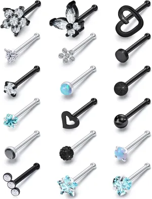 Surgical Steel Nose Ring 20G - Hypoallergenic Nose Studs With Cute Flat Opal Flower Diamond Heart - Straight L Shaped Purple, Pink, Black, Silver for Women Men Gift