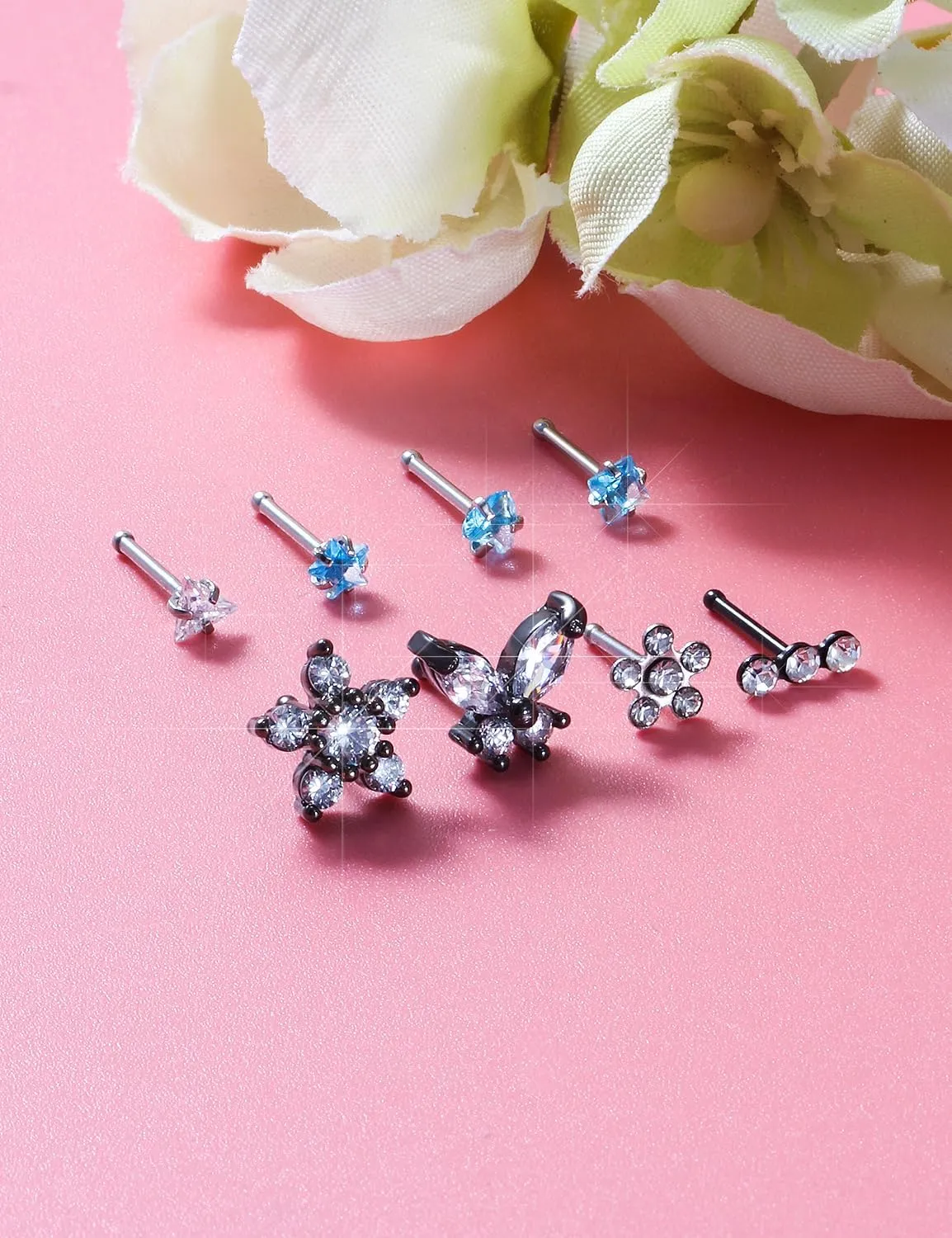 Surgical Steel Nose Ring 20G - Hypoallergenic Nose Studs With Cute Flat Opal Flower Diamond Heart - Straight L Shaped Purple, Pink, Black, Silver for Women Men Gift