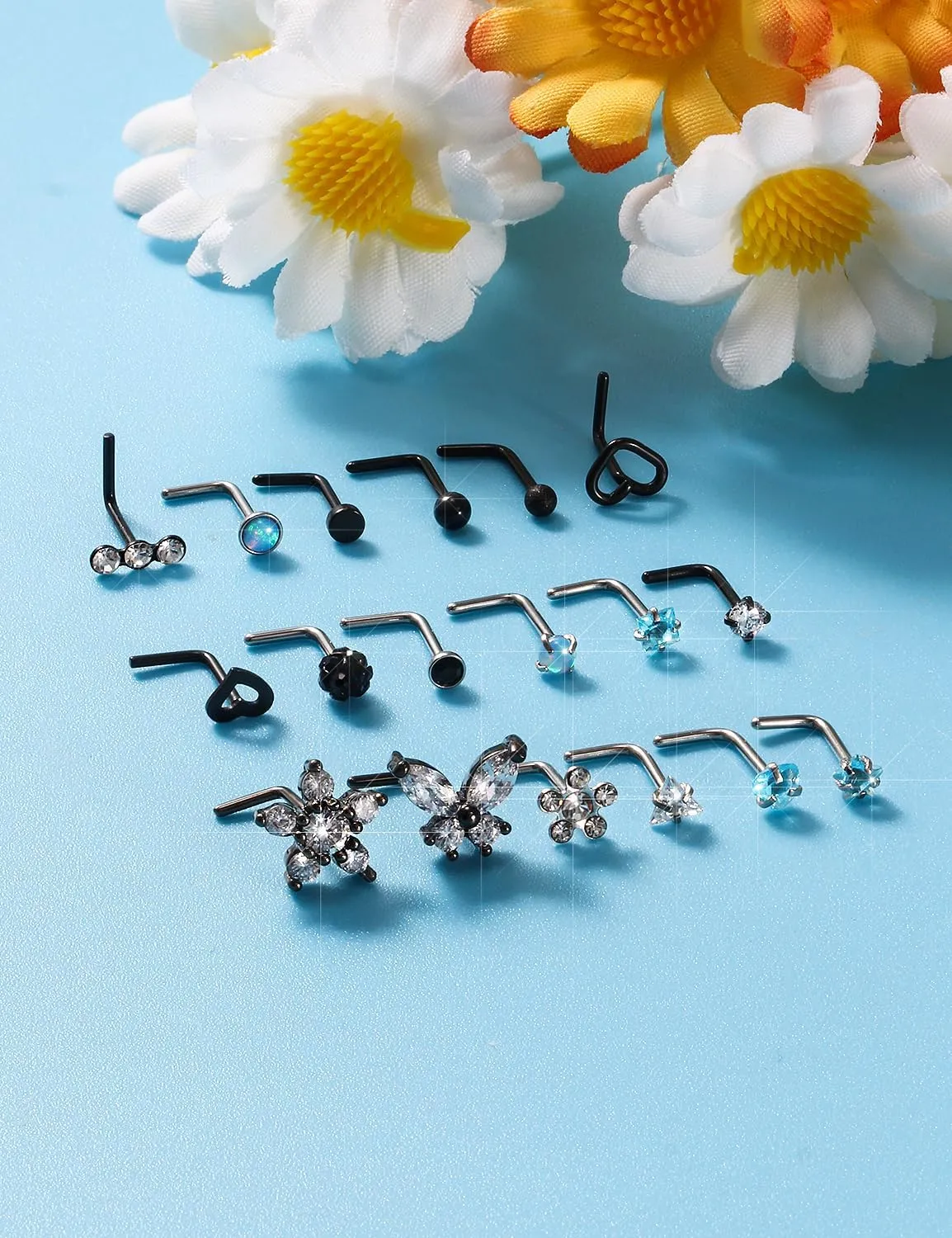 Surgical Steel Nose Ring 20G - Hypoallergenic Nose Studs With Cute Flat Opal Flower Diamond Heart - Straight L Shaped Purple, Pink, Black, Silver for Women Men Gift
