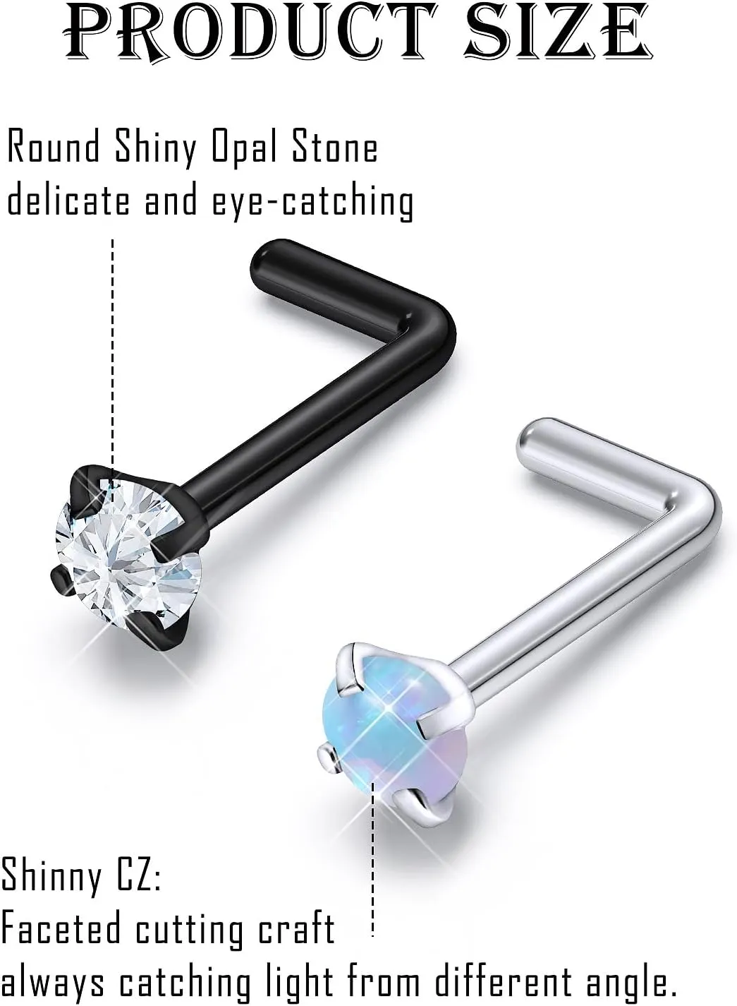 Surgical Steel Nose Ring 20G - Hypoallergenic Nose Studs With Cute Flat Opal Flower Diamond Heart - Straight L Shaped Purple, Pink, Black, Silver for Women Men Gift