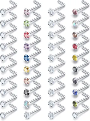 Surgical Steel Nose Ring Stud 18G 20G 22G L Shaped Screw Straight Nose Studs CZ Top 1.5mm 2mm 2.5mm 3mm 3.5mm 4mm Nose Piercings 18 Gauge 20 Gauge 22 Gauge Nose Rings Studs for Women Men