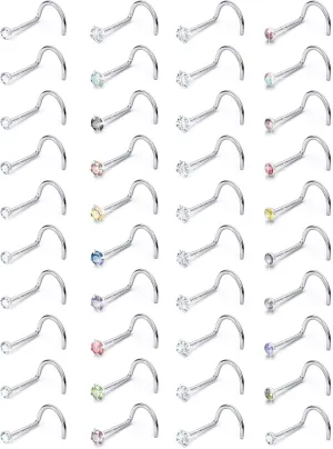 Surgical Steel Nose Ring Stud 18G 20G 22G L Shaped Screw Straight Nose Studs CZ Top 1.5mm 2mm 2.5mm 3mm 3.5mm 4mm Nose Piercings 18 Gauge 20 Gauge 22 Gauge Nose Rings Studs for Women Men